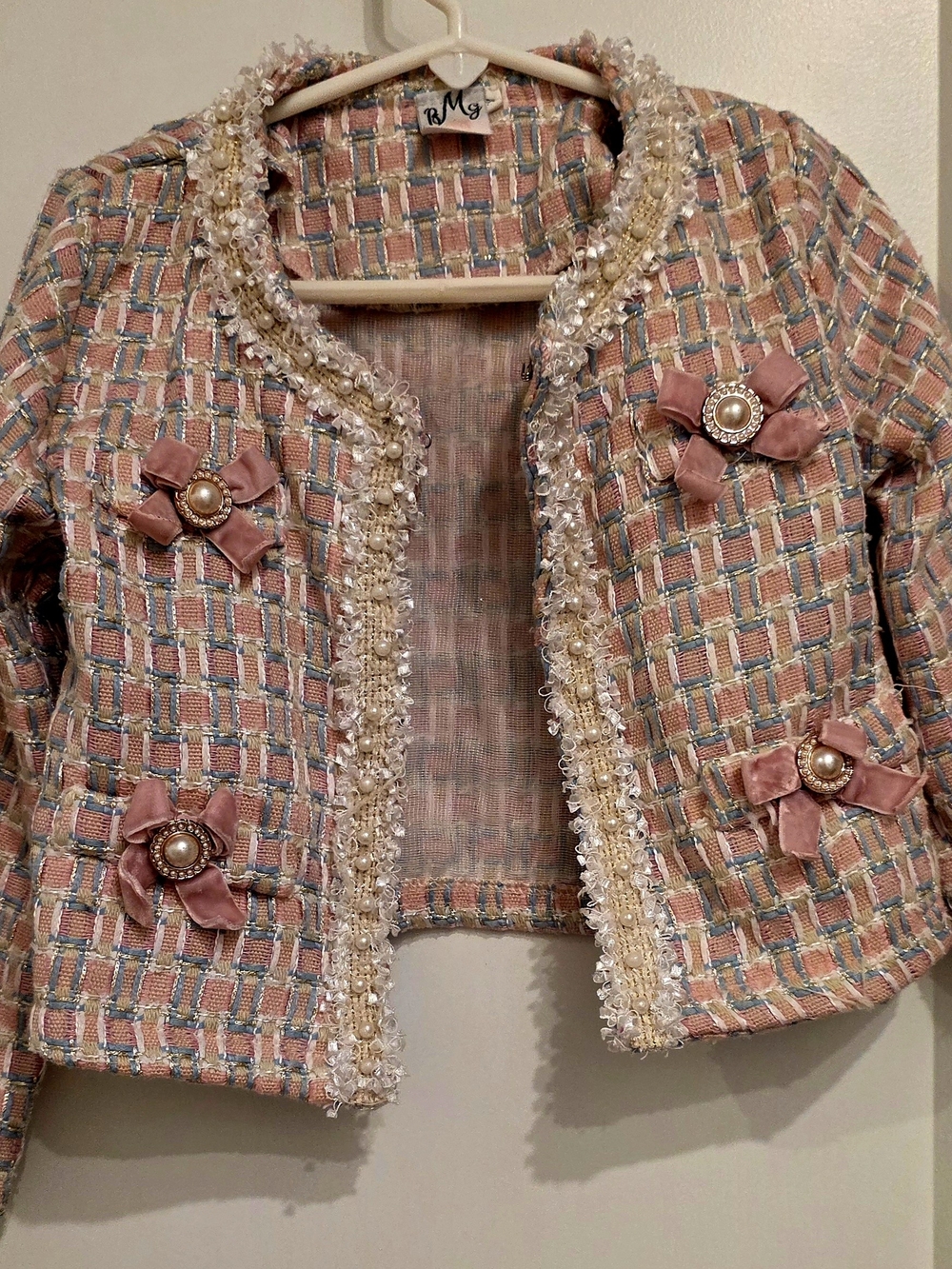Girls' Peach Tweed Cropped Jacket with Pearl-Trim Bows
